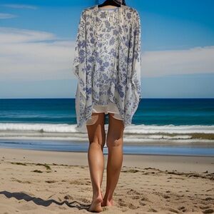 Sonoma beach cove-up, blue and white, floral, sheer, flowy, one size